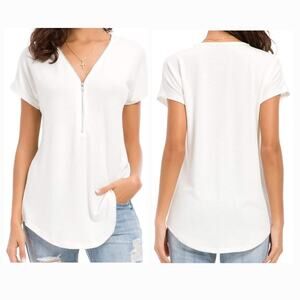 Womens Loose Fitting V Neck Tunic Tops Sz XL Short Sleeve Blouse Zipper White